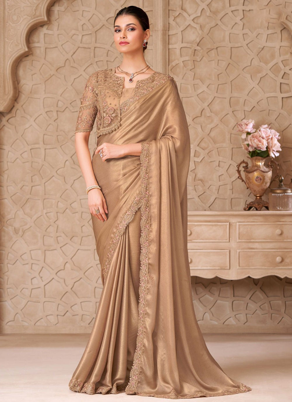Beige Georgette Satin Trendy Saree Border Work, Embroidered S19786