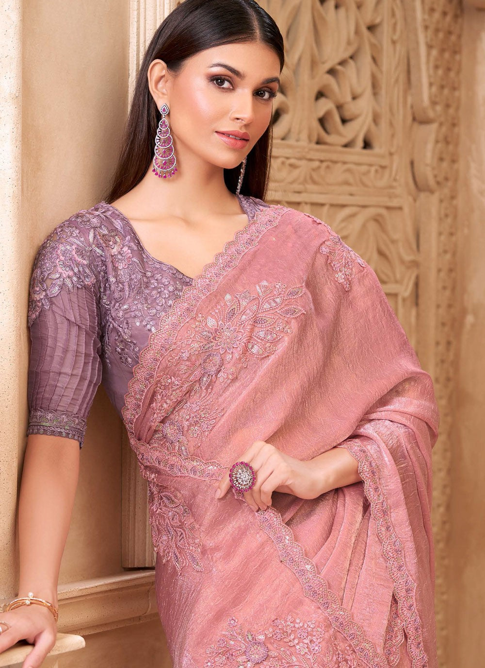 Pink Georgette Satin Classic Saree Border Work, Embroidered S19788