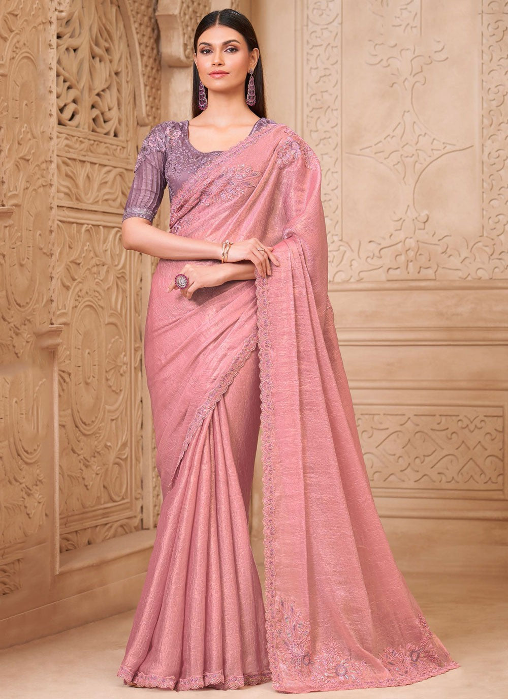 Pink Georgette Satin Classic Saree Border Work, Embroidered S19788
