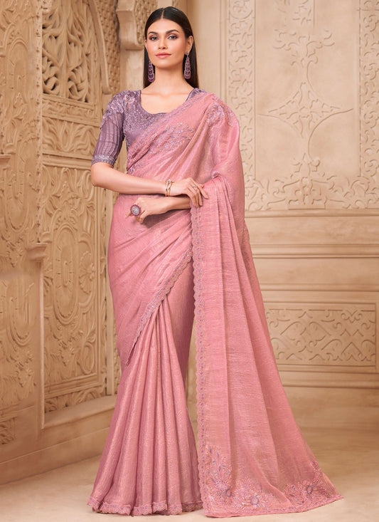 Pink Georgette Satin Classic Saree Border Work, Embroidered S19788