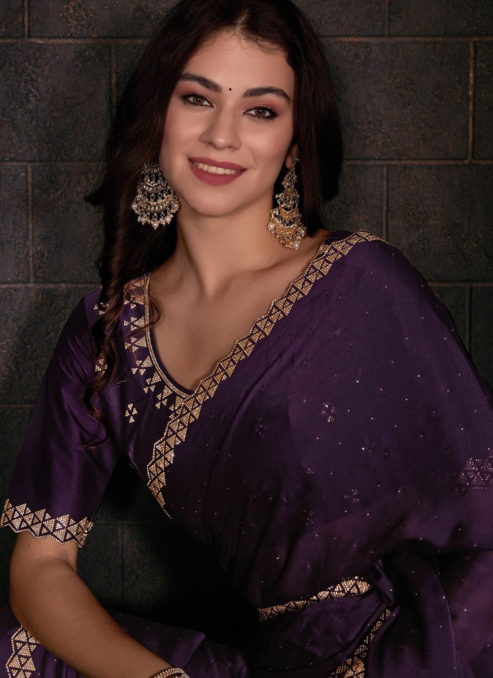 Contemporary Zircon Georgette Satin Saree - S5674