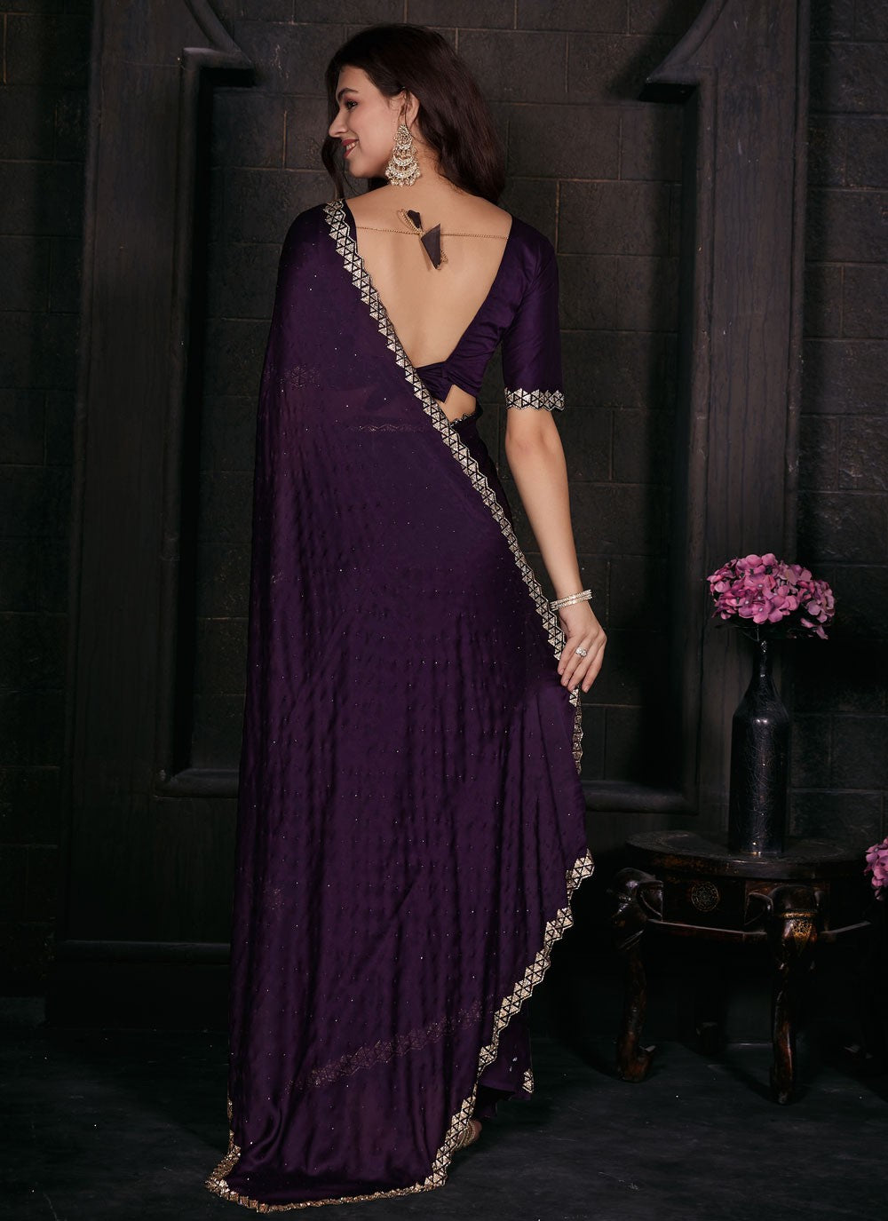 Contemporary Zircon Georgette Satin Saree - S5674