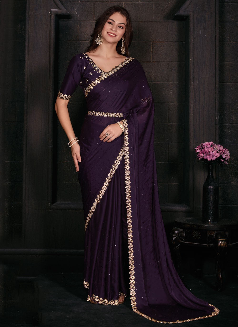 Contemporary Zircon Georgette Satin Saree - S5674