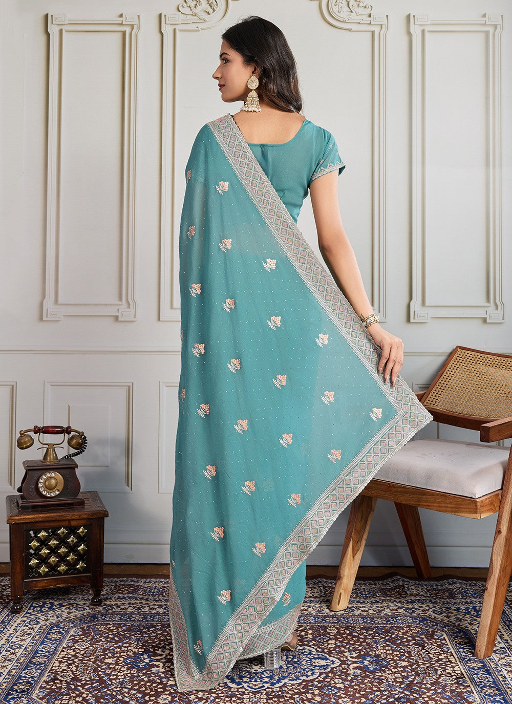 Sea Green Georgette Contemporary Saree Embroidered, Swarovski S19440