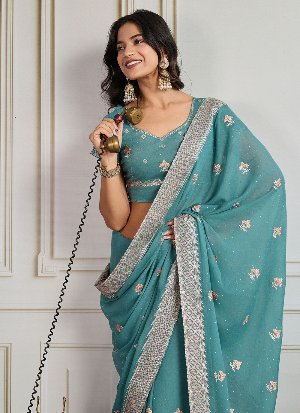 Sea Green Georgette Contemporary Saree Embroidered, Swarovski S19440