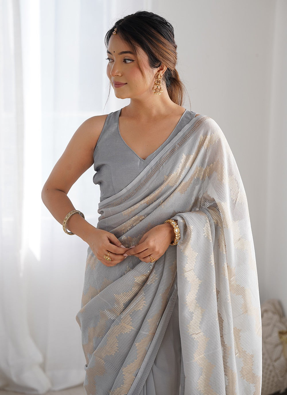 Classic Saree Embroidered Grey Georgette Saree S12399