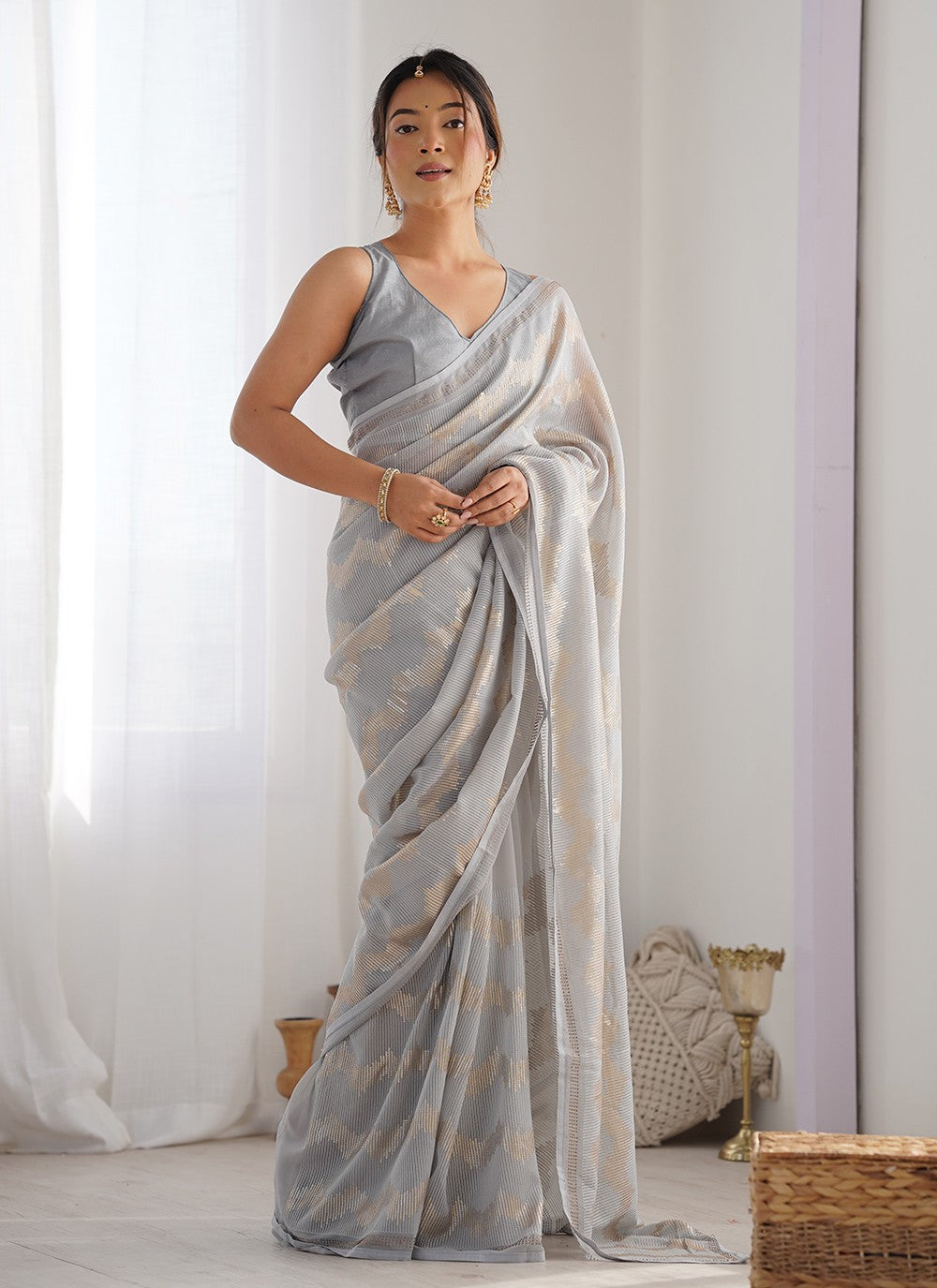 Classic Saree Embroidered Grey Georgette S12399