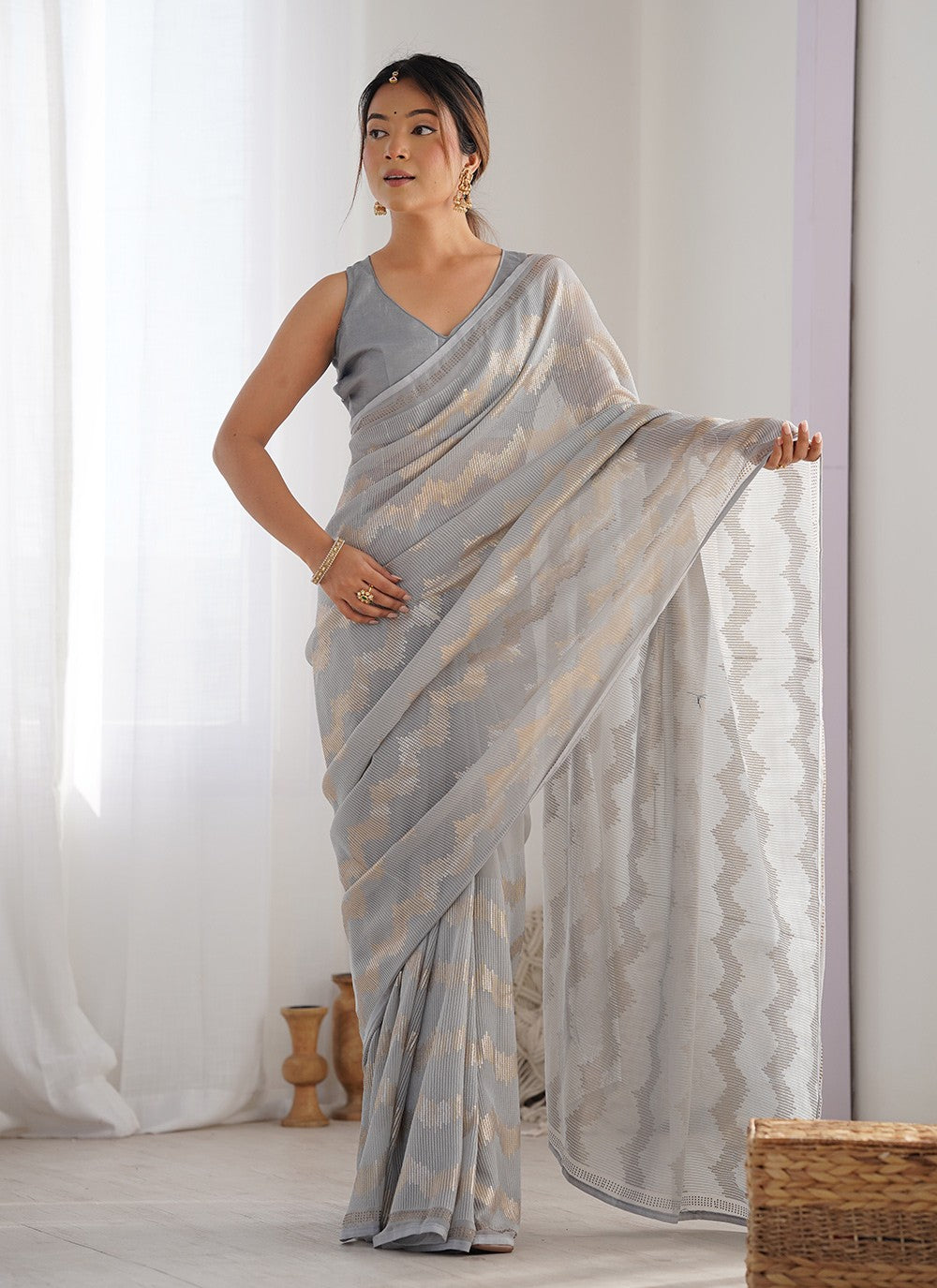 Classic Saree Embroidered Grey Georgette Saree S12399