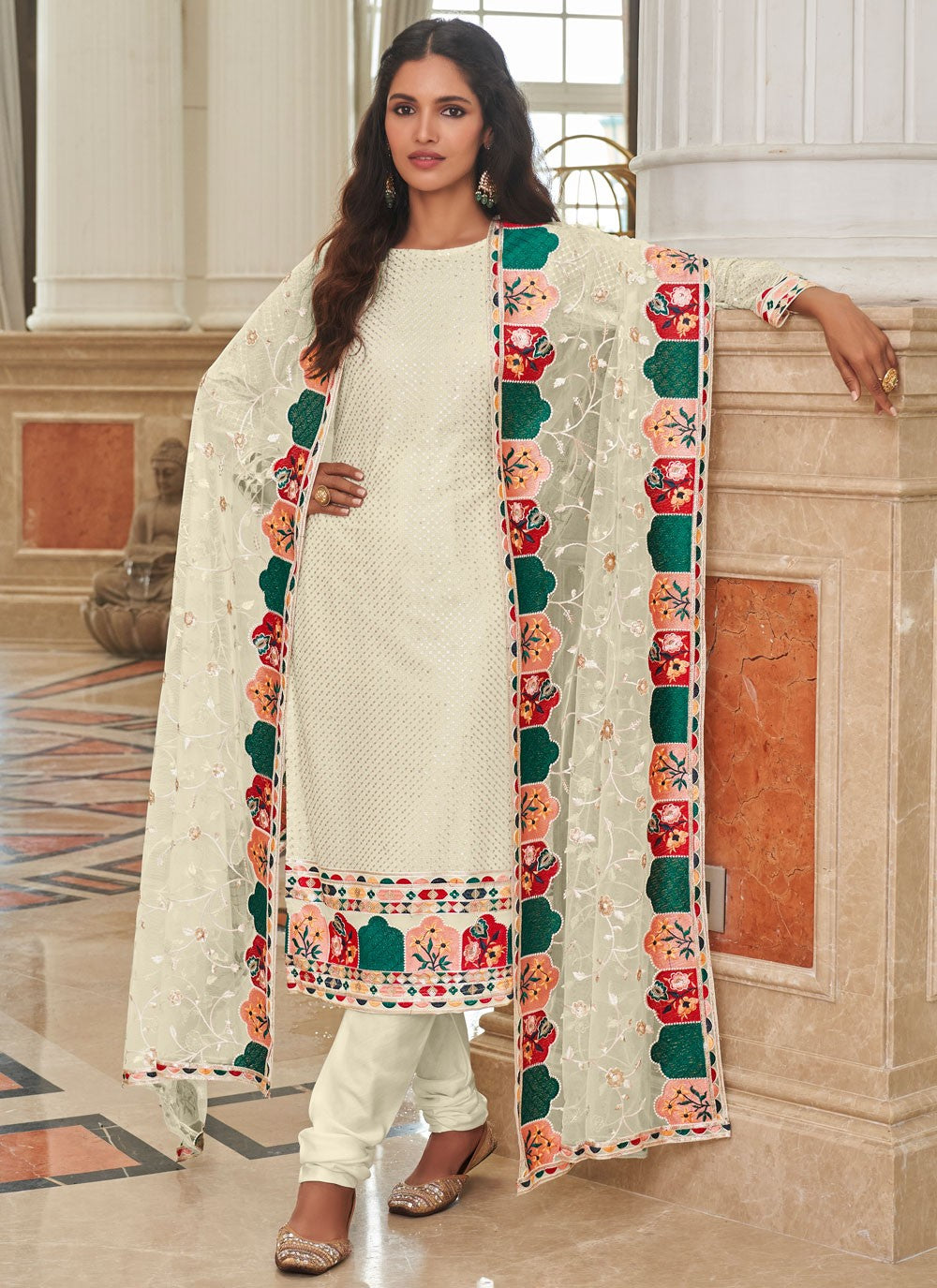 Pant Style Suit Embroidered, Sequins, Thread Off White T6973