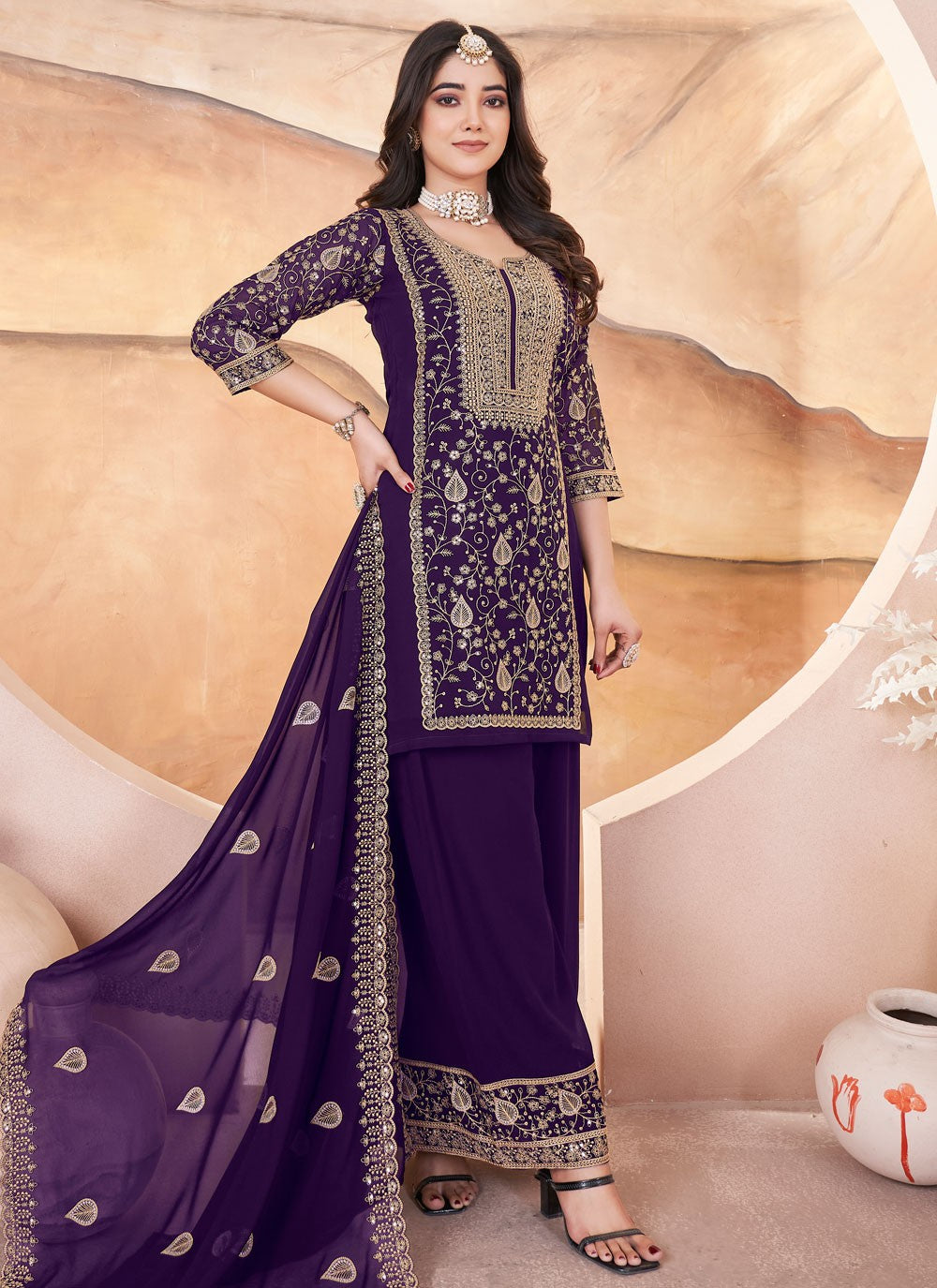 Salwar Suit Embroidered Purple Georgette T5625