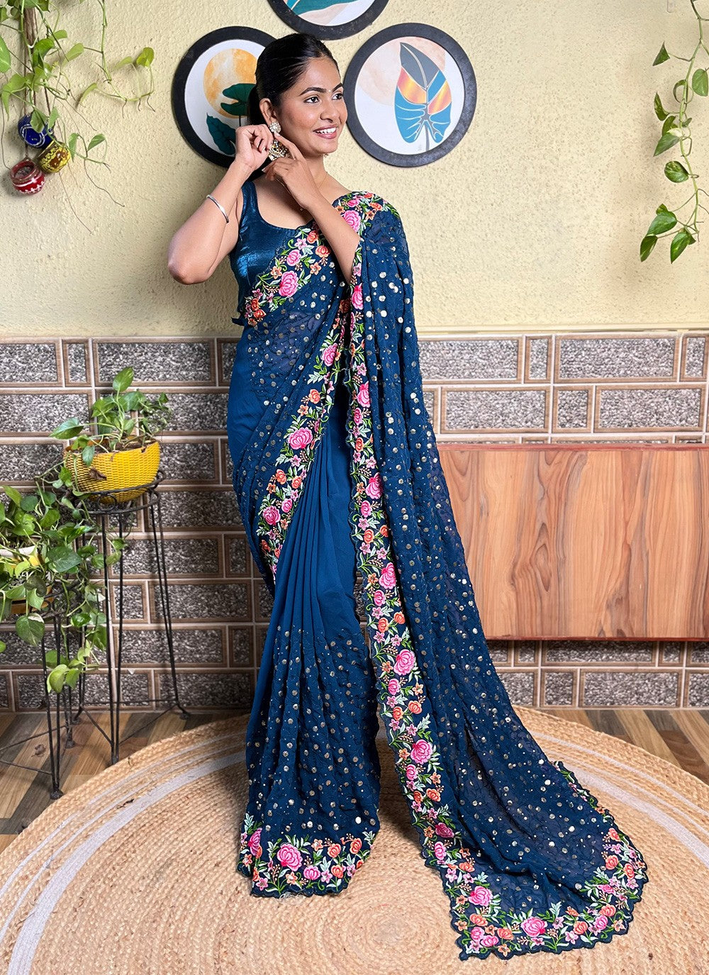 Blue Georgette Trendy Saree Embroidered, Multi Work, Sequins, Thread S16109