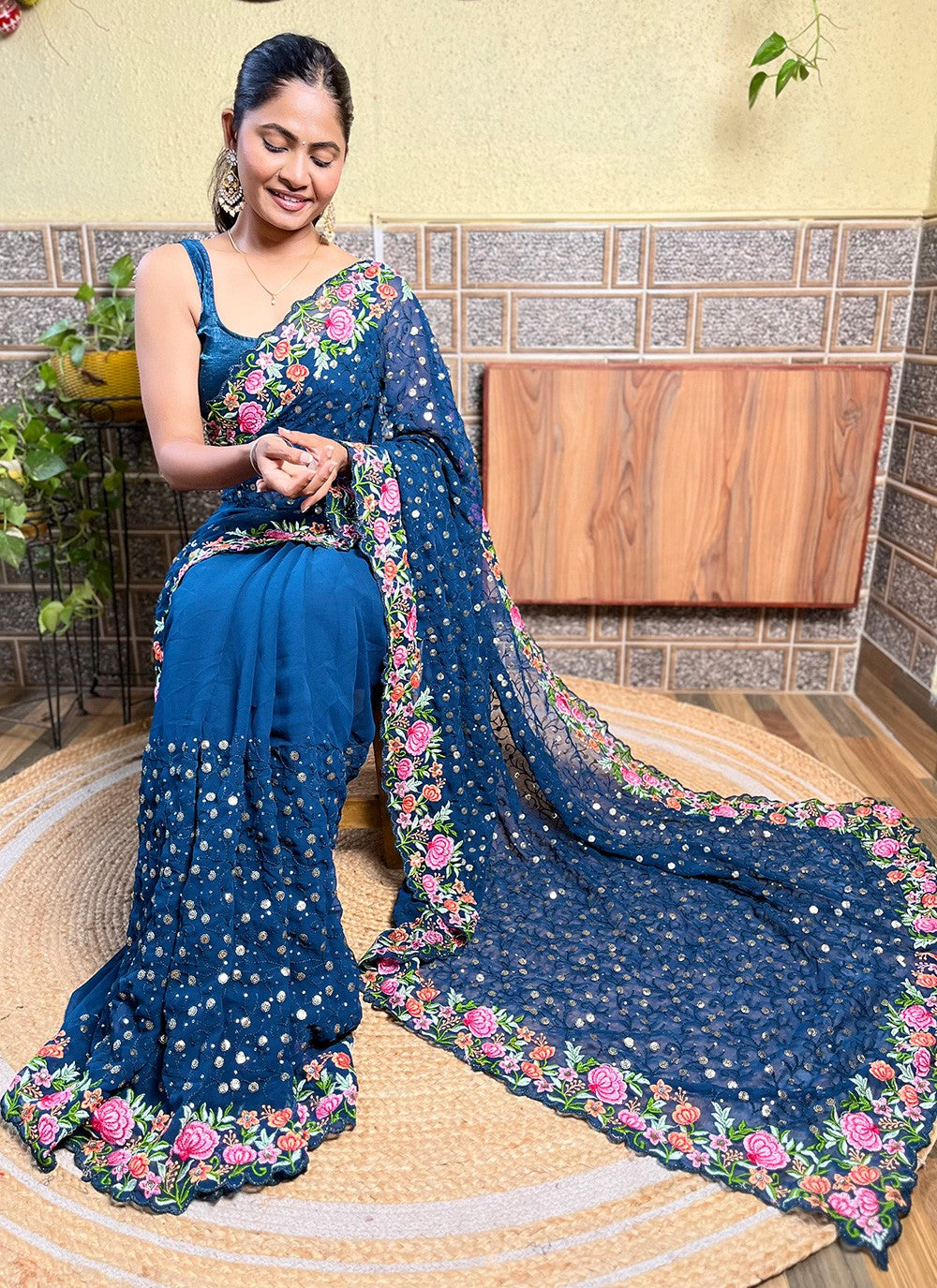 Blue Georgette Trendy Saree Embroidered, Multi Work, Sequins, Thread S16109