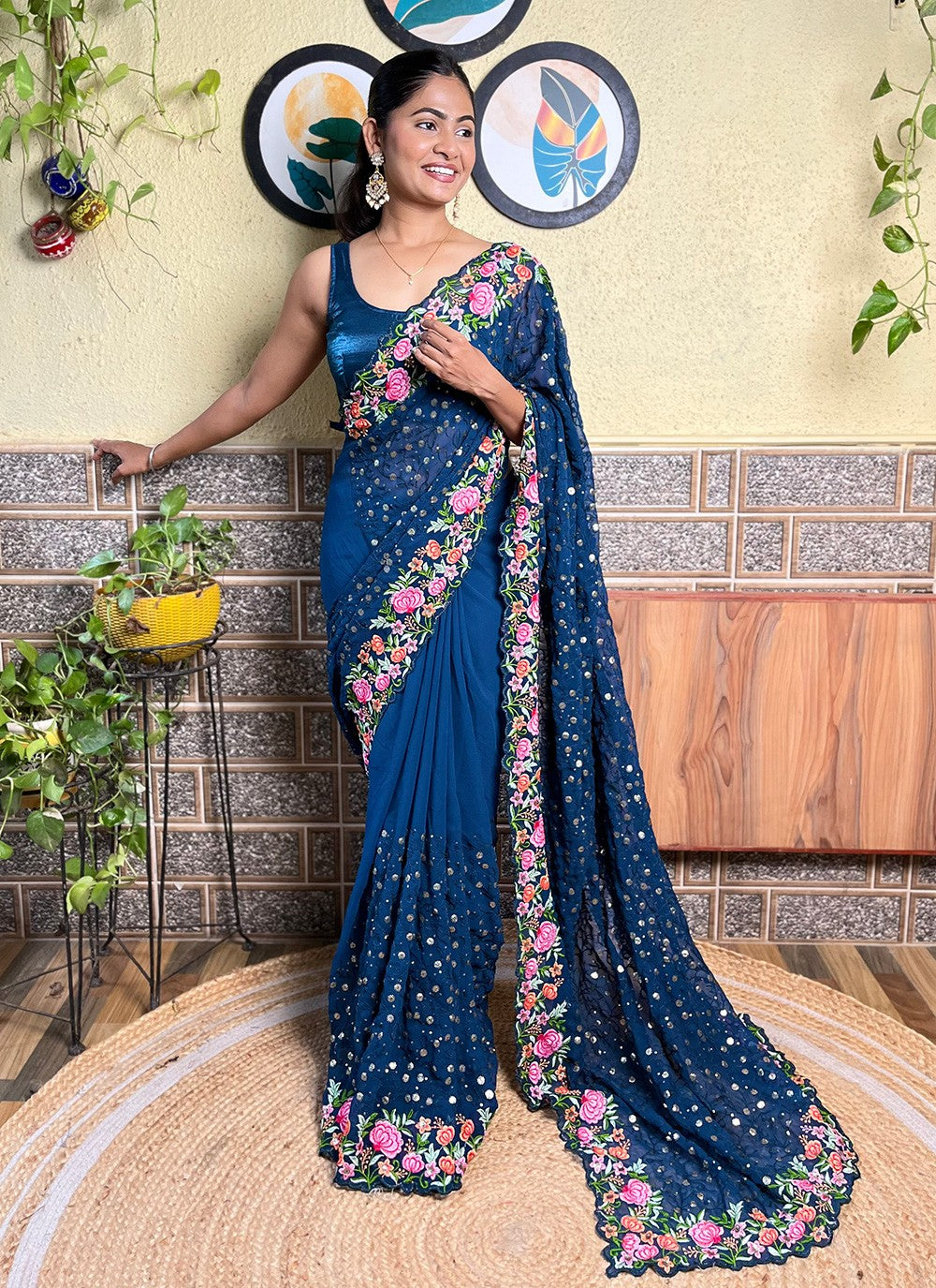 Blue Georgette Trendy Saree Embroidered, Multi Work, Sequins, Thread S16109