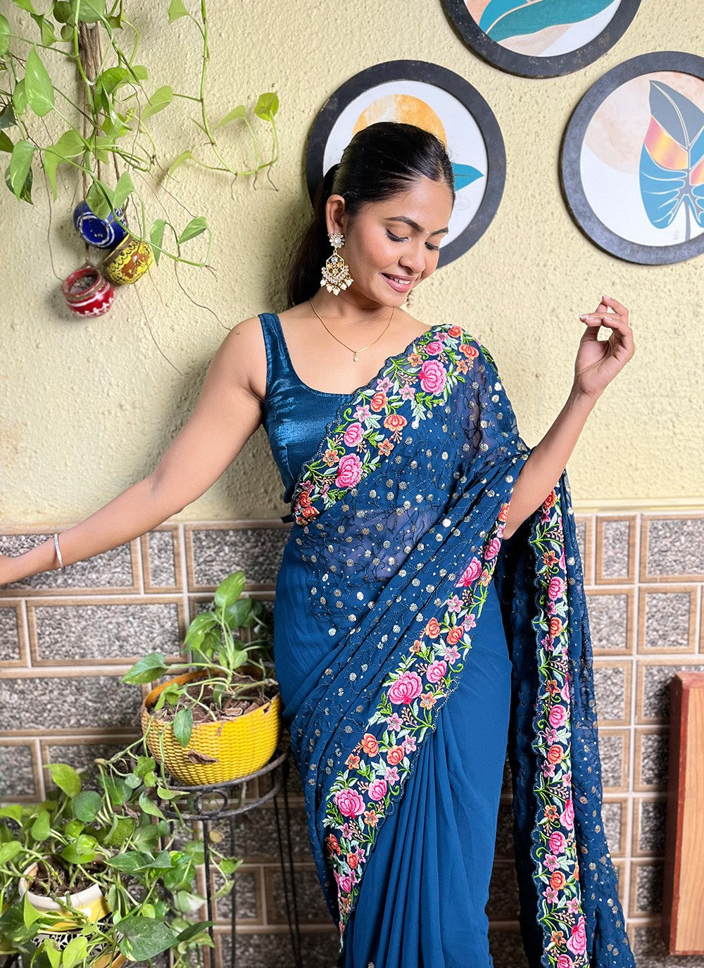 Blue Georgette Trendy Saree Embroidered, Multi Work, Sequins, Thread S16109