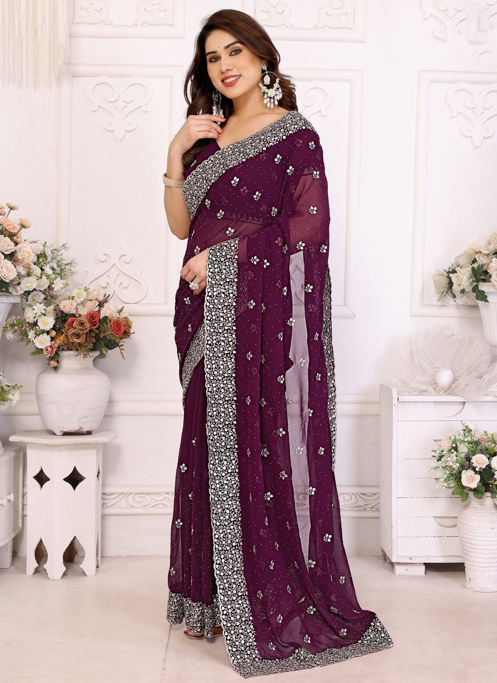 Embroidered Georgette Purple Trendy Saree S14993