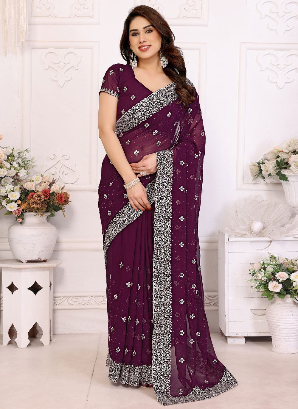 Embroidered Georgette Purple Trendy Saree S14993