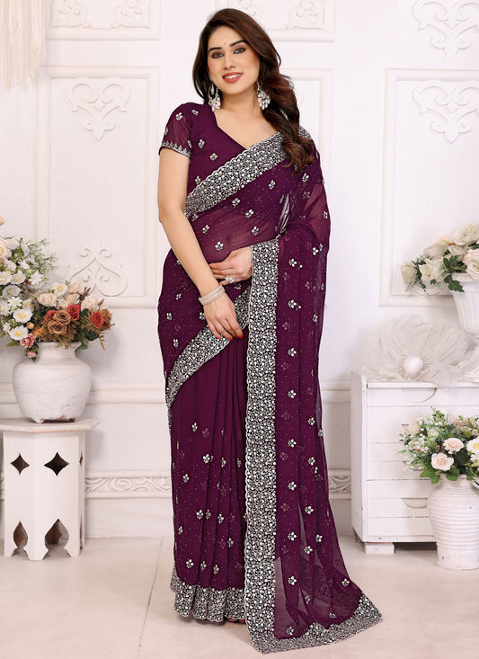 Embroidered Georgette Purple Trendy Saree S14993