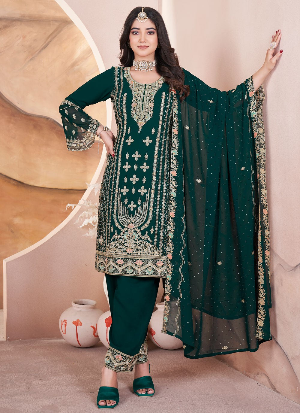 Salwar Suit Embroidered Green Georgette T5752