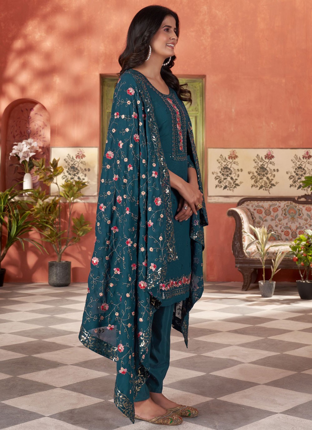 Salwar Suit Embroidered Teal Georgette T5361