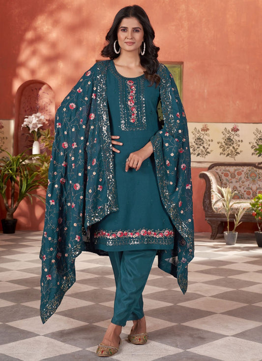 Salwar Suit Embroidered Teal Georgette T5361
