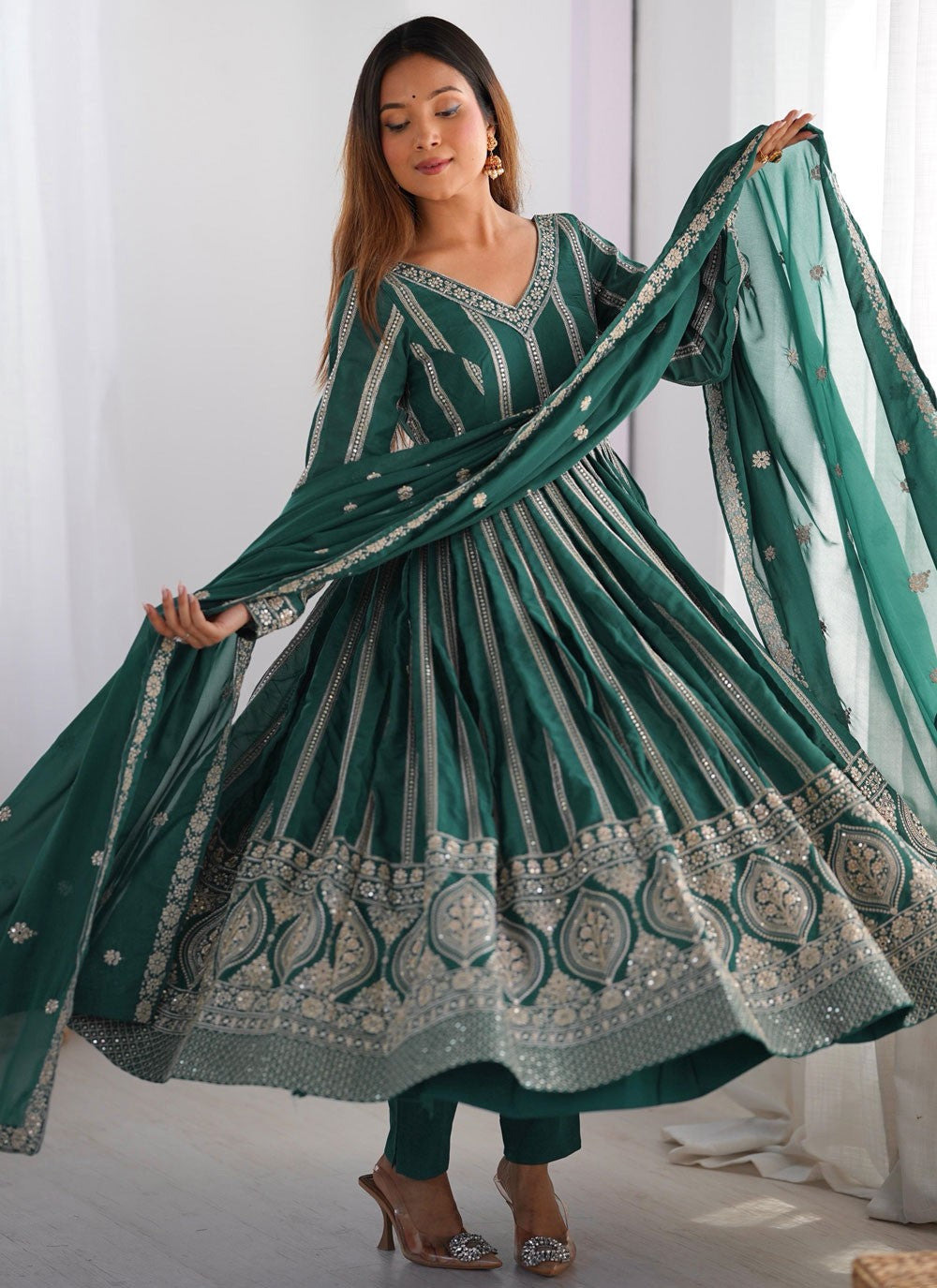 Anarkali Sequins, Thread Teal T7111