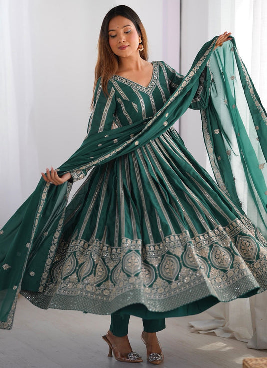 Anarkali Sequins, Thread Teal T7111