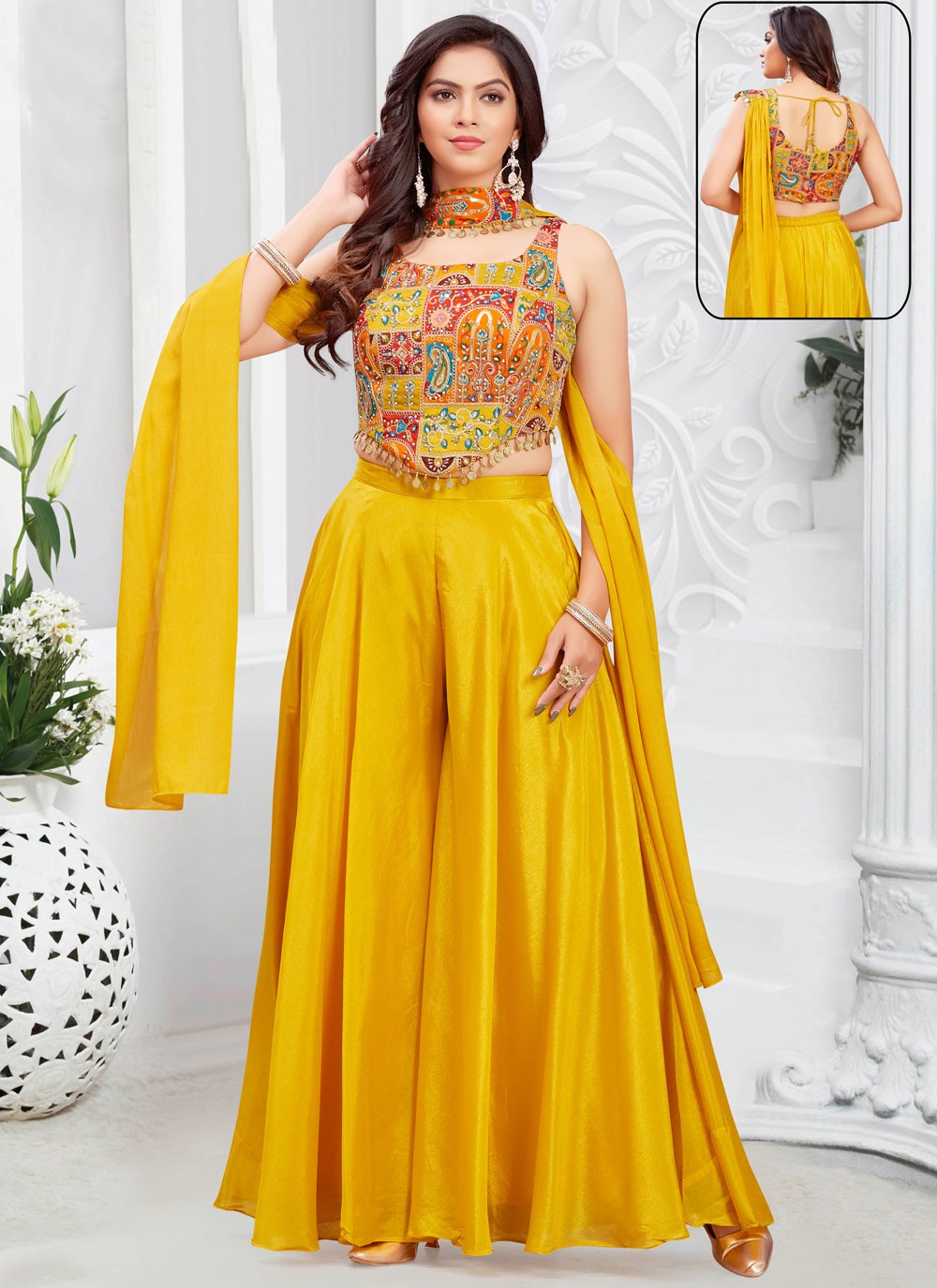 Palazzo Suit Embroidered Yellow Georgette T5684