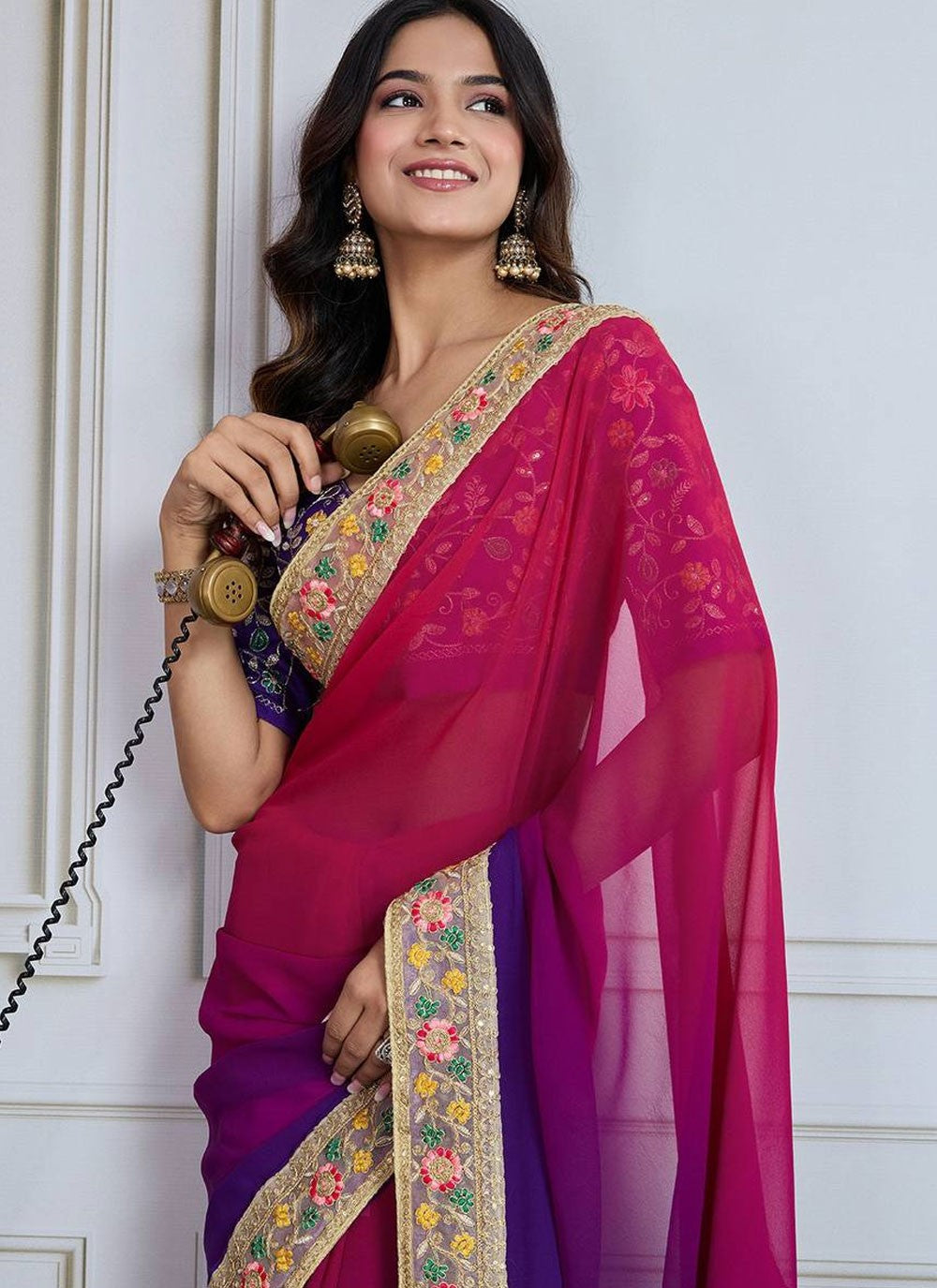 Border Work Georgette Hot Pink Traditional Saree S14896