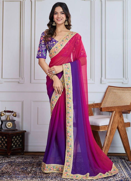 Border Work Georgette Hot Pink Traditional Saree S14896