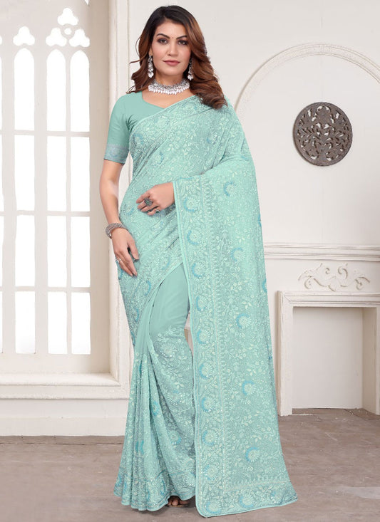 Embroidered Georgette Aqua Blue Traditional Saree S14966