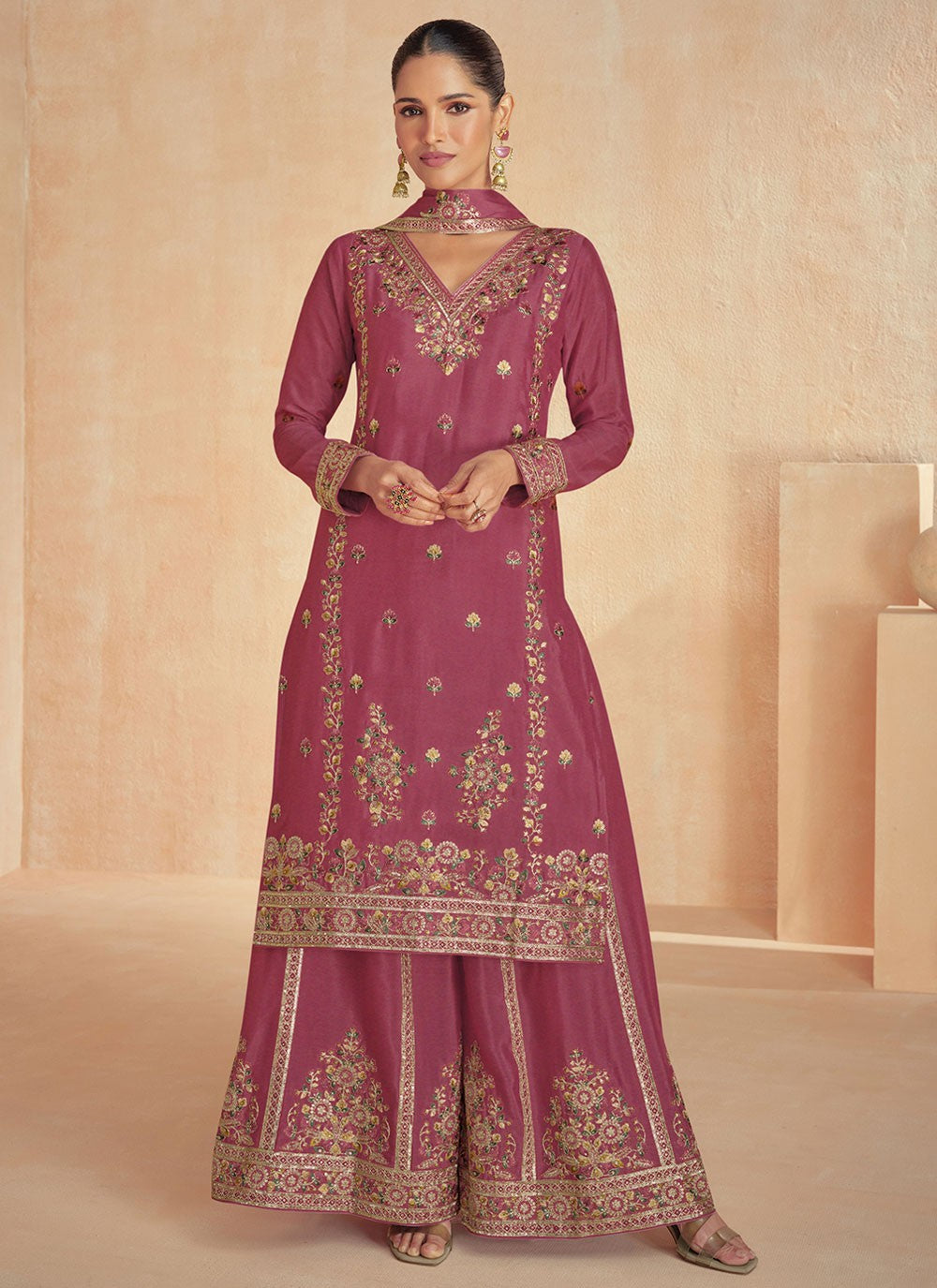Embroidered Georgette Hot Pink Palazzo Suit T6484