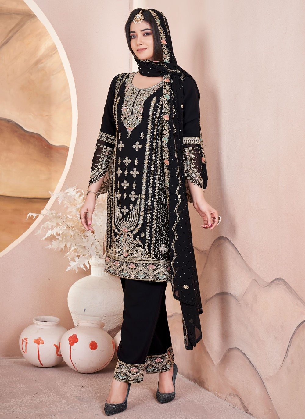 Salwar Suit Embroidered Black Georgette T5753