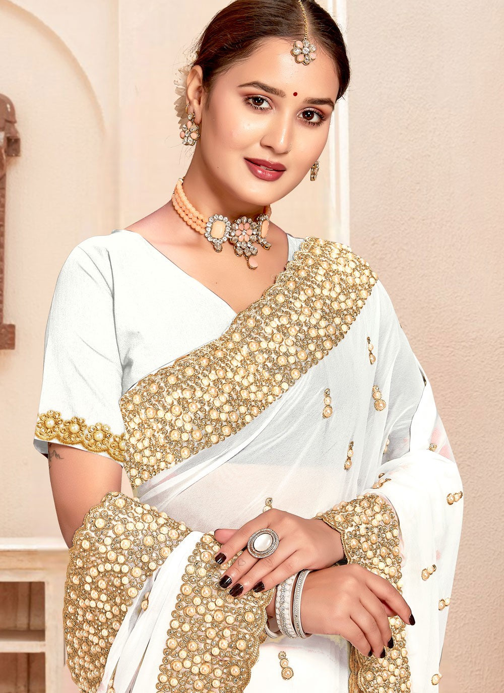 Border Work Georgette White Saree S14639