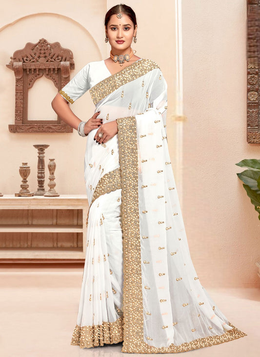Border Work Georgette White Saree S14639