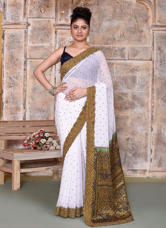 Hand Embroidery Georgette White Saree S14368