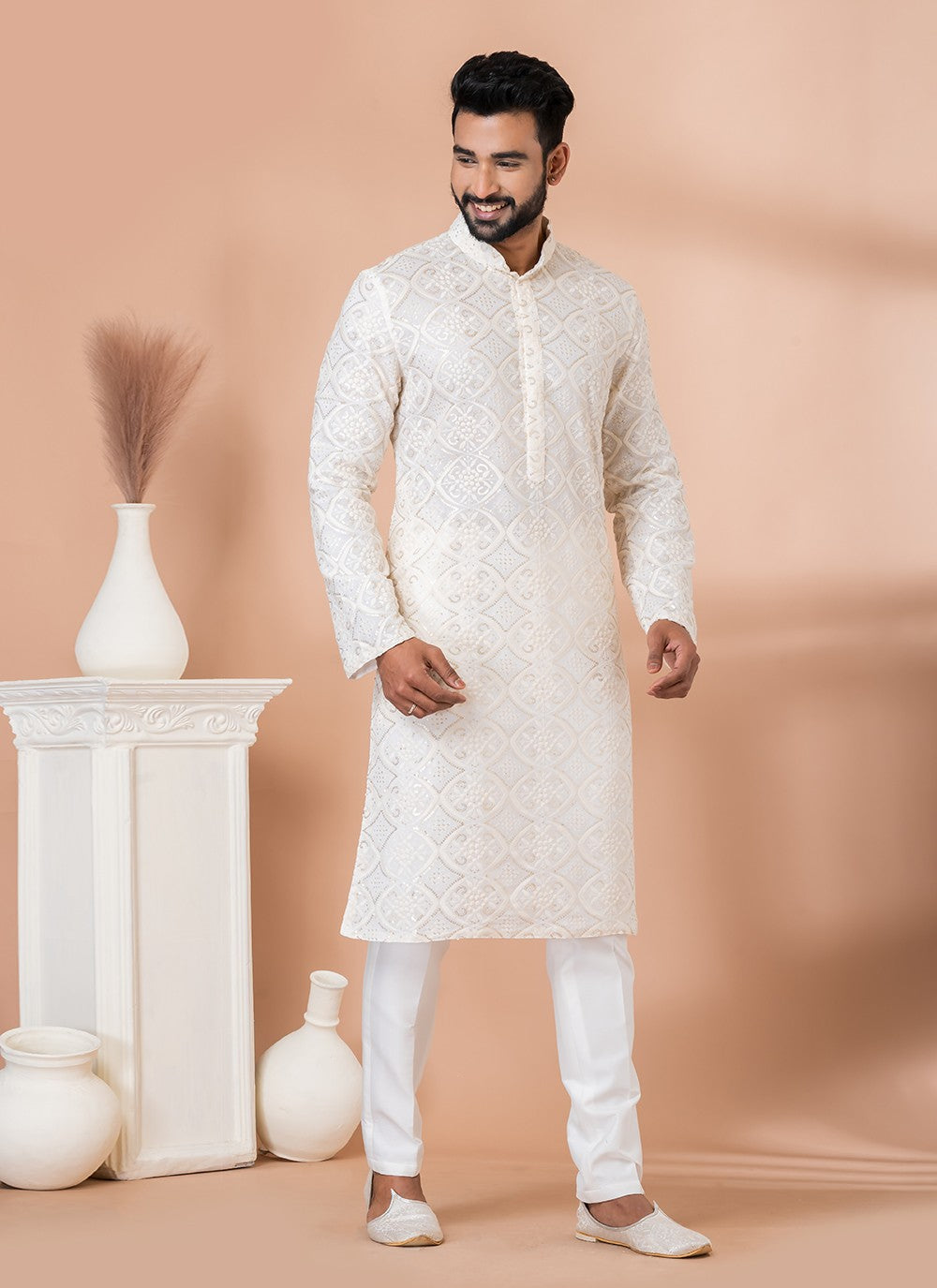 Embroidered Georgette White Kurta Pyjama - M6827
