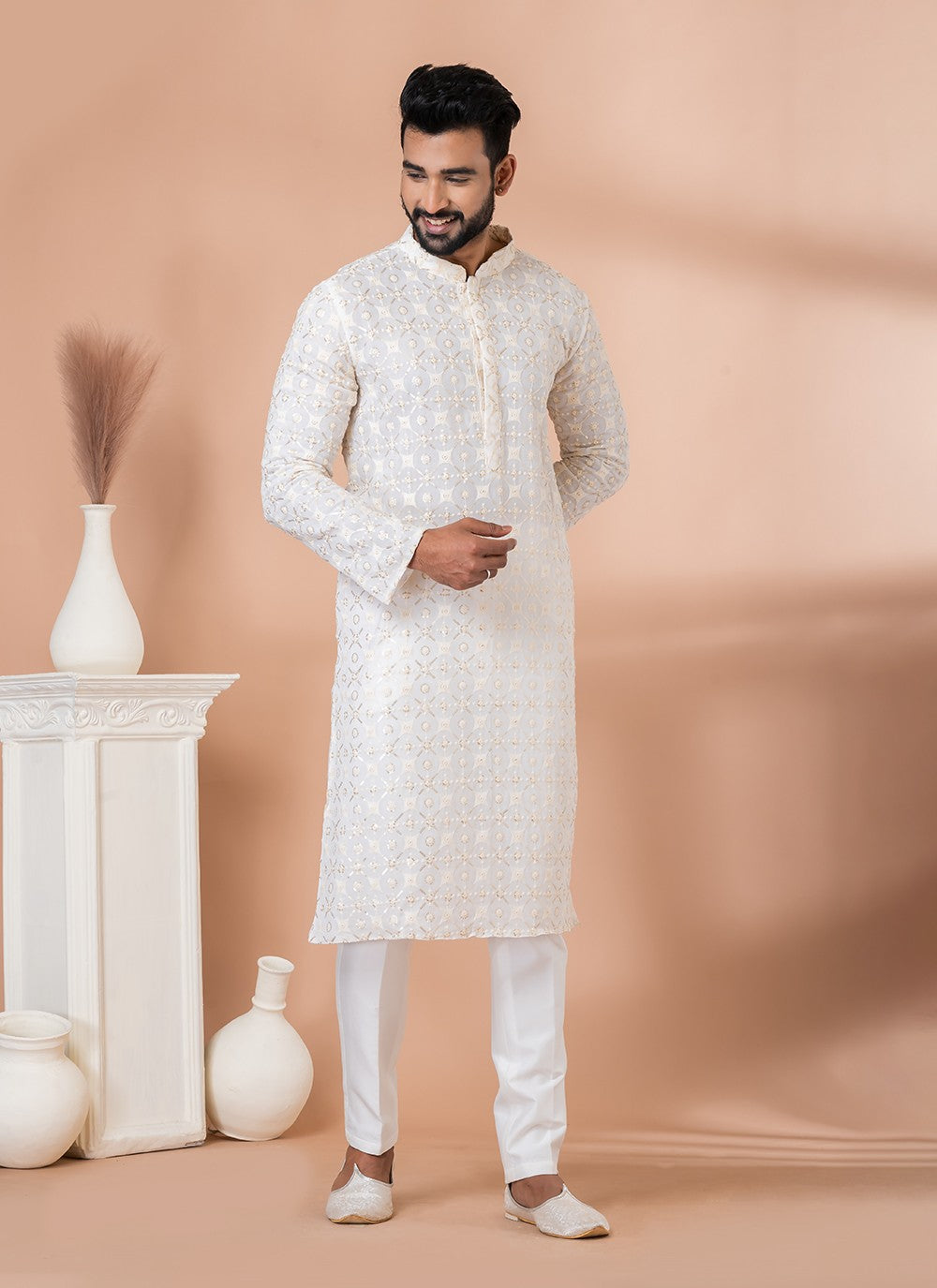 Embroidered Georgette White Kurta Pyjama - M6830