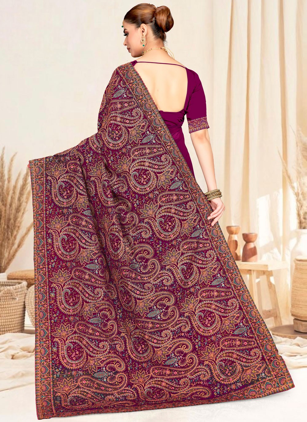 Wine Georgette Contemporary Saree Embroidered, Resham S19832