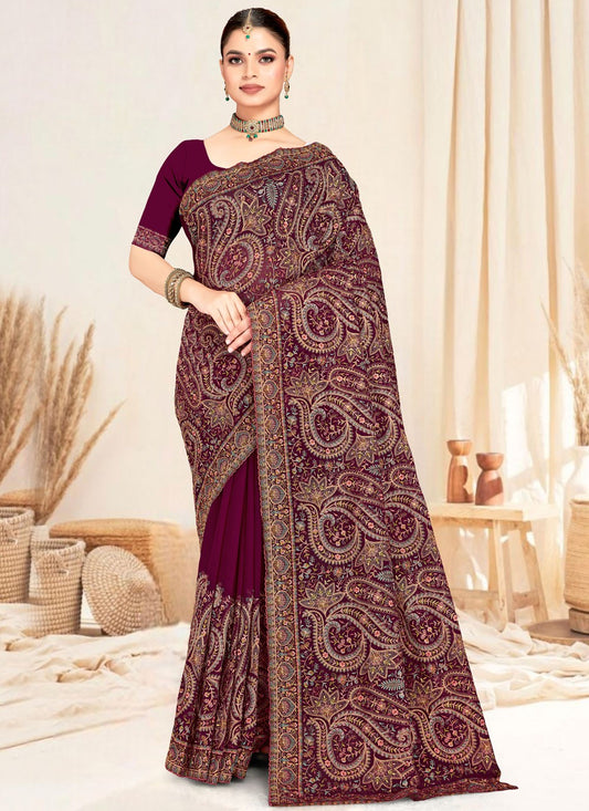 Wine Georgette Contemporary Saree Embroidered, Resham S19832