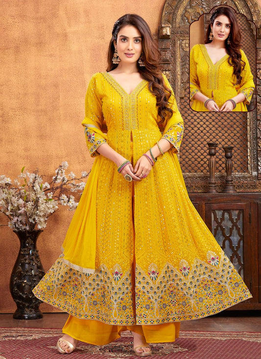Palazzo Suit Embroidered Yellow Georgette T5160