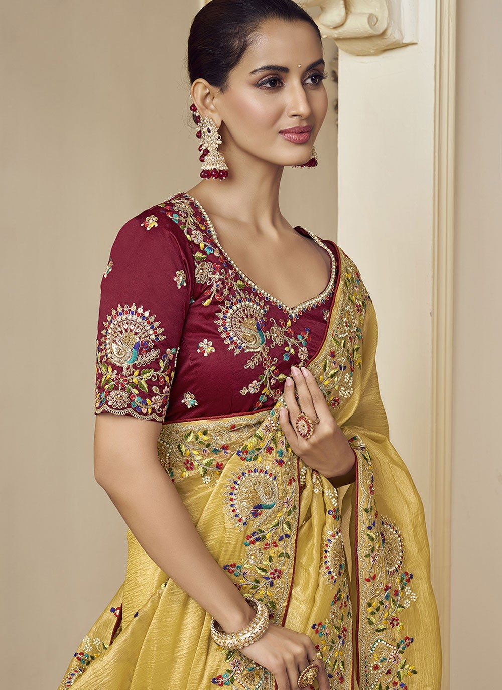 Traditional Beads Yellow Georgette Saree S12380