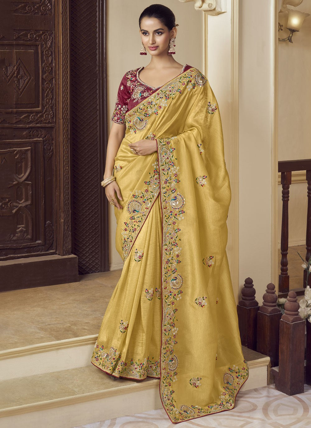 Traditional Beads Yellow Georgette Saree S12380