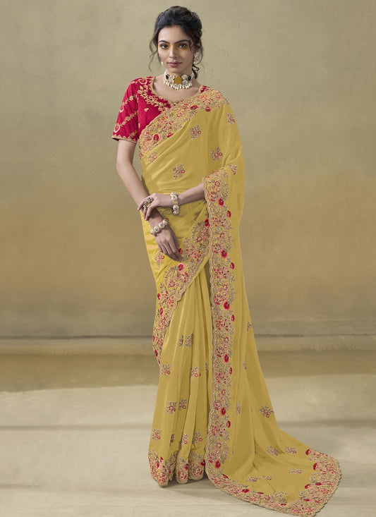 Cord Georgette Yellow Saree S14116