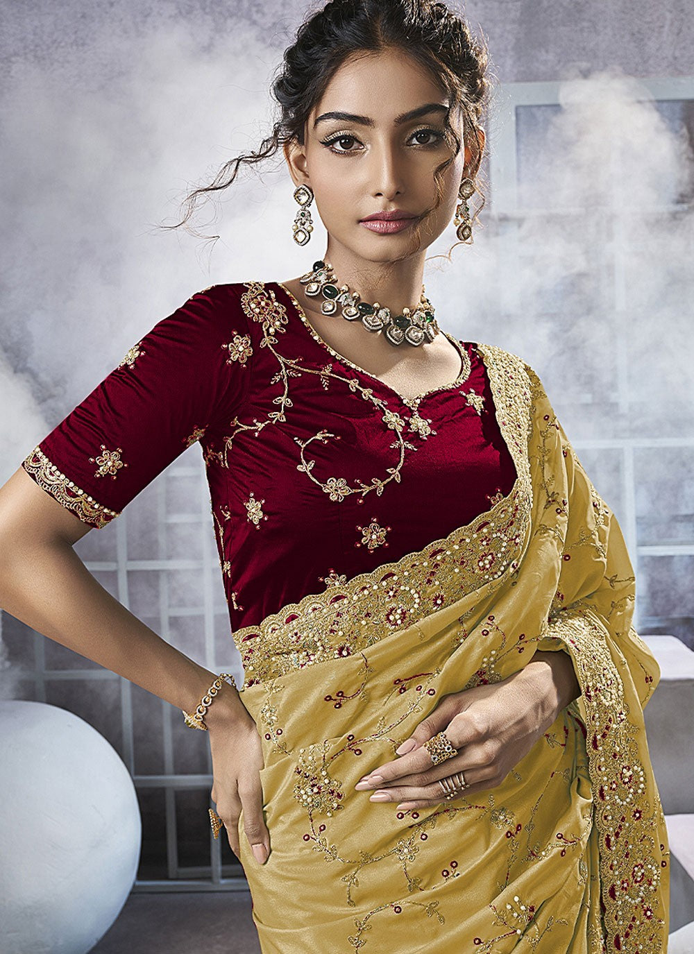 Yellow Georgette Trendy Saree Beads, Cord, Embroidered, Thread, Zari S15784