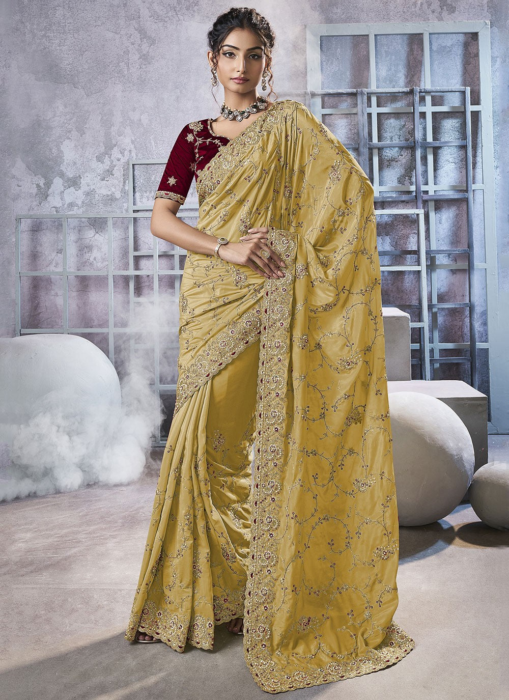 Yellow Georgette Trendy Saree Beads, Cord, Embroidered, Thread, Zari S15784