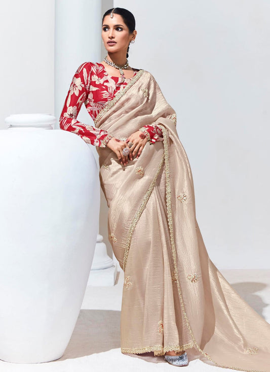 Beige Glass Tissue Classic Saree Buttis, Embroidered, Sequins, Thread, Zari S15693