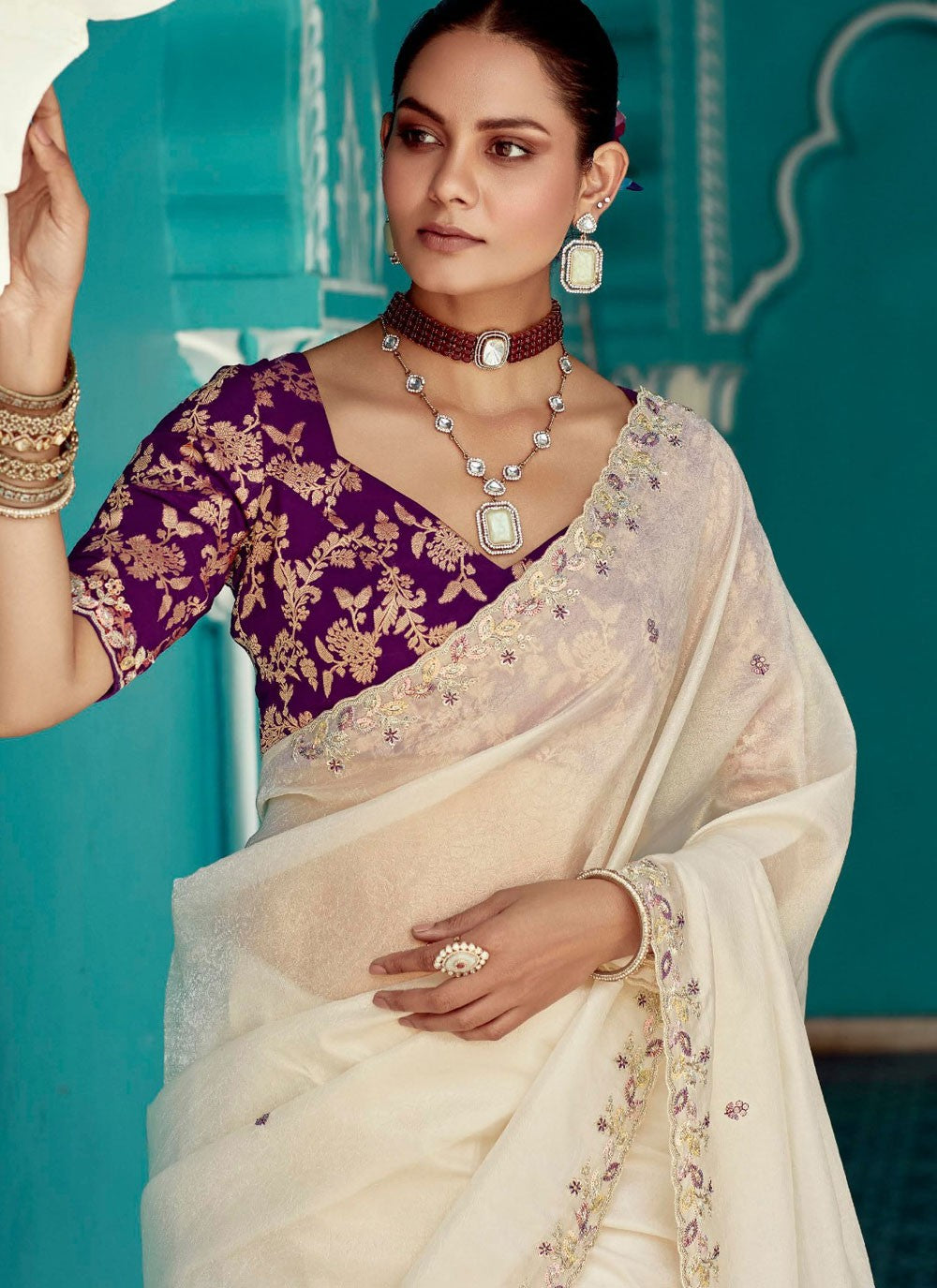 Classic Saree Cut Work Off White Glass Tissue Saree S13271