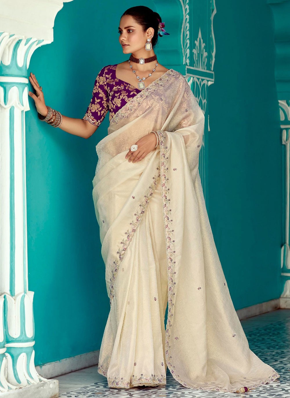 Classic Saree Cut Work Off White Glass Tissue Saree S13271