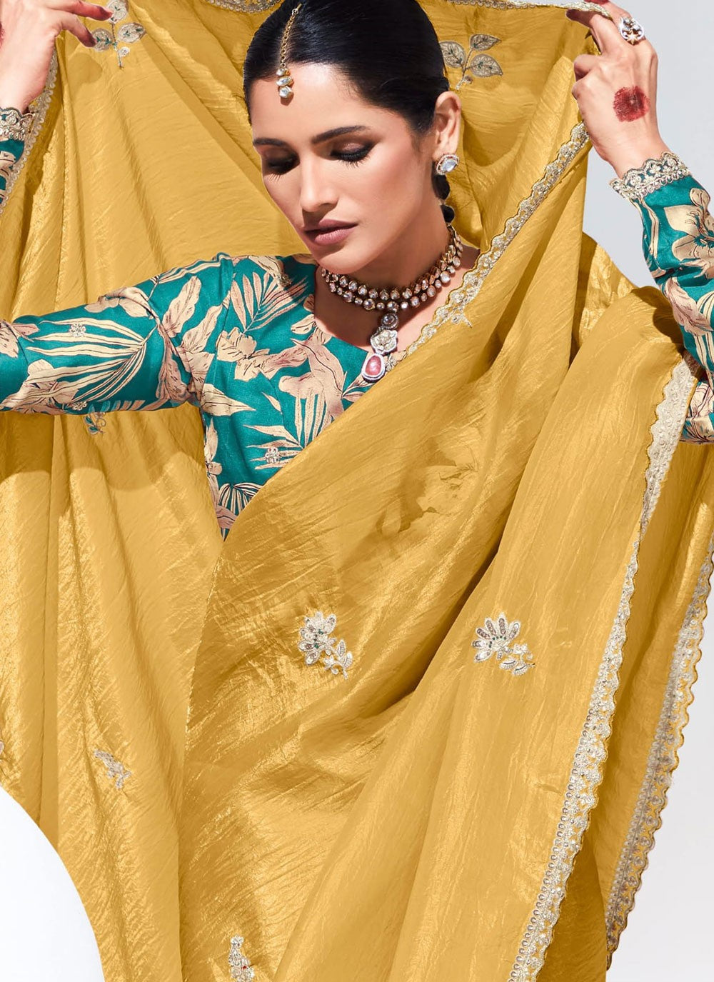 Buttis Glass Tissue Yellow Saree S14801