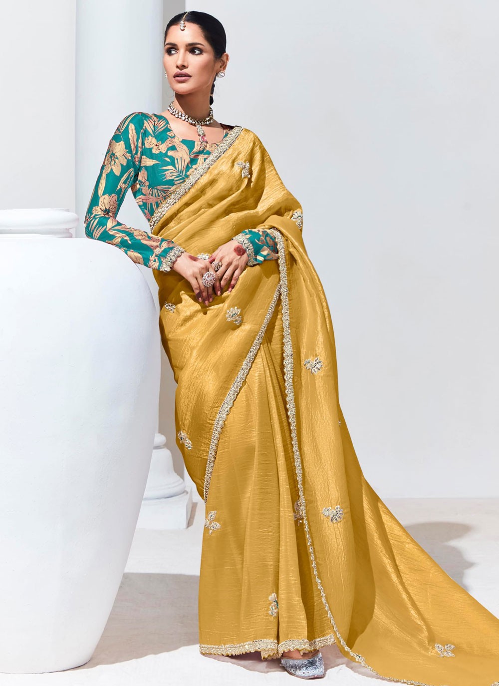 Buttis Glass Tissue Yellow Saree S14801